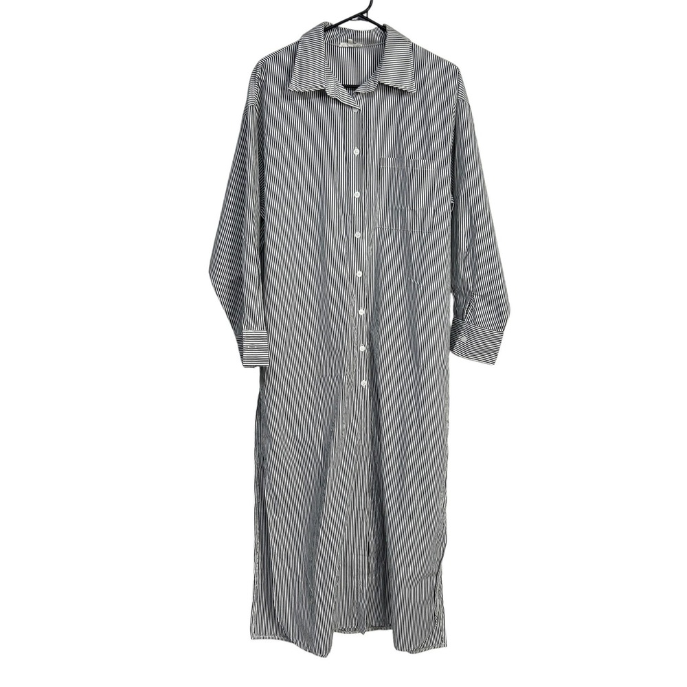 Striped Button‎ Down Maxi Shirt Dress Medium Black White Minimalist Coastal